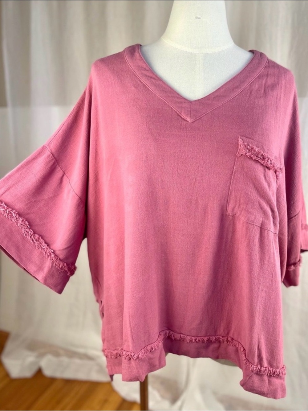 Pink Frayed Linen Cotton V-Neck Oversized Pocket Top Blouse White Birch Plus 1X